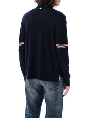 THOM BROWNE Classic Wool Button-Down Sweater with Tricolor Stripe