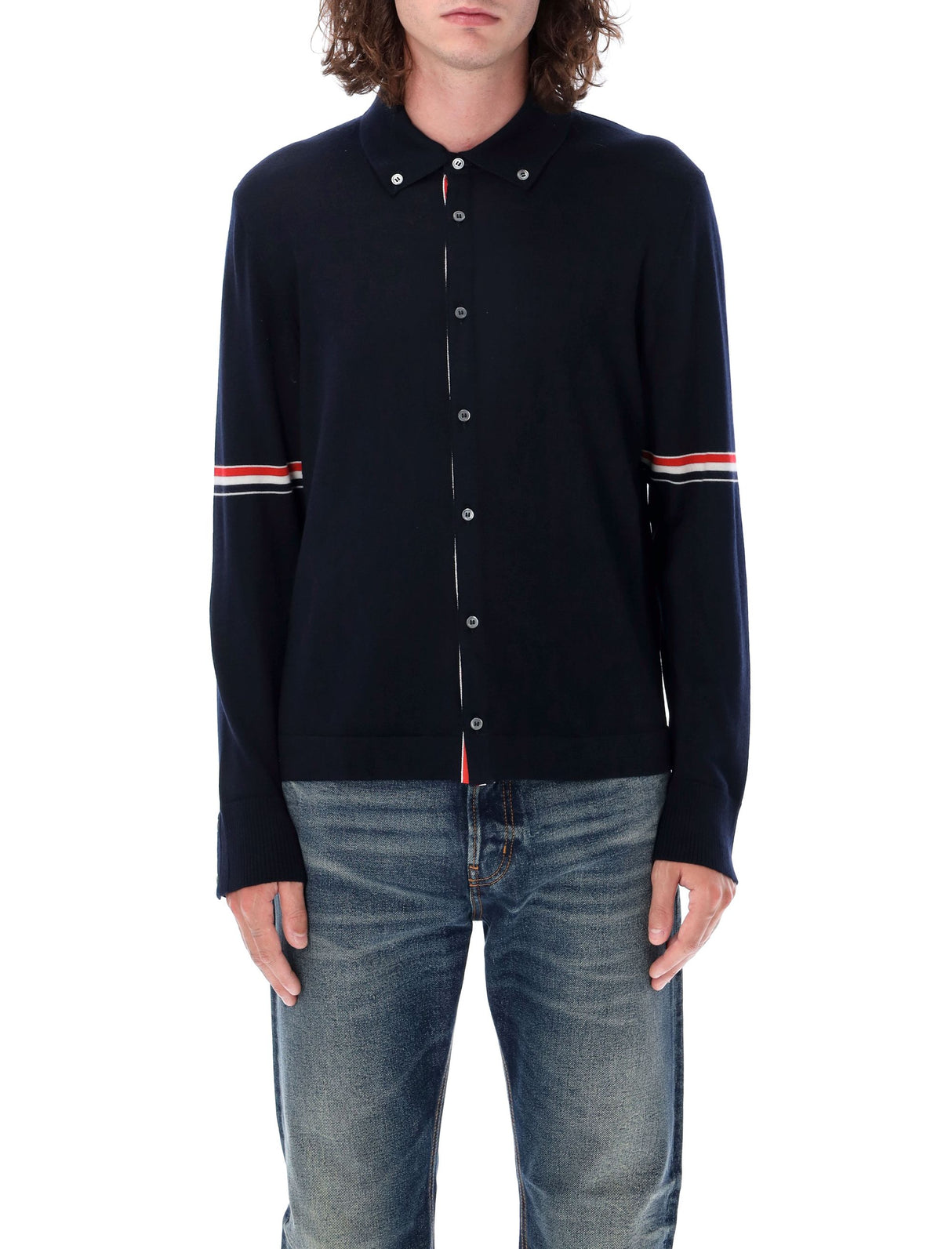 THOM BROWNE Classic Wool Button-Down Sweater with Tricolor Stripe