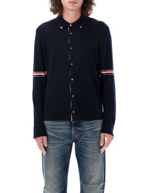 THOM BROWNE Classic Wool Button-Down Sweater with Tricolor Stripe