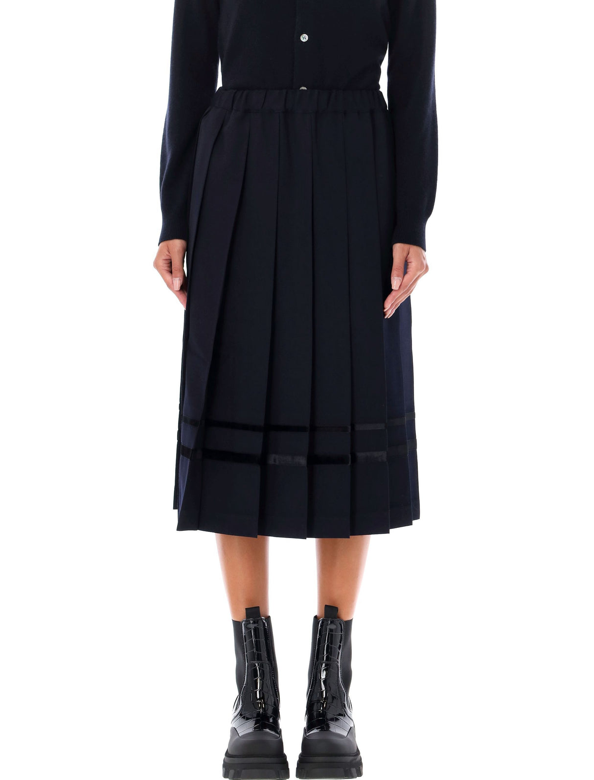 COMME DES GARÇONS Pleated Midi Skirt with Velvet Trim - Women’s Fashion