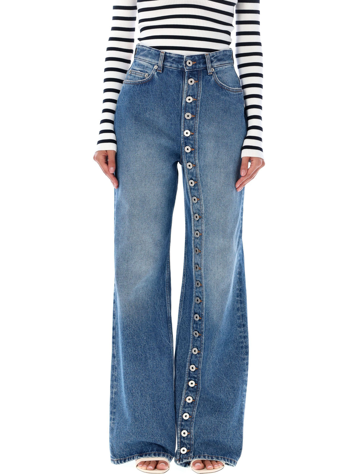 JEAN PAUL GAULTIER Vintage Blue High-Waisted Wide-Leg Denim with Button Detailing