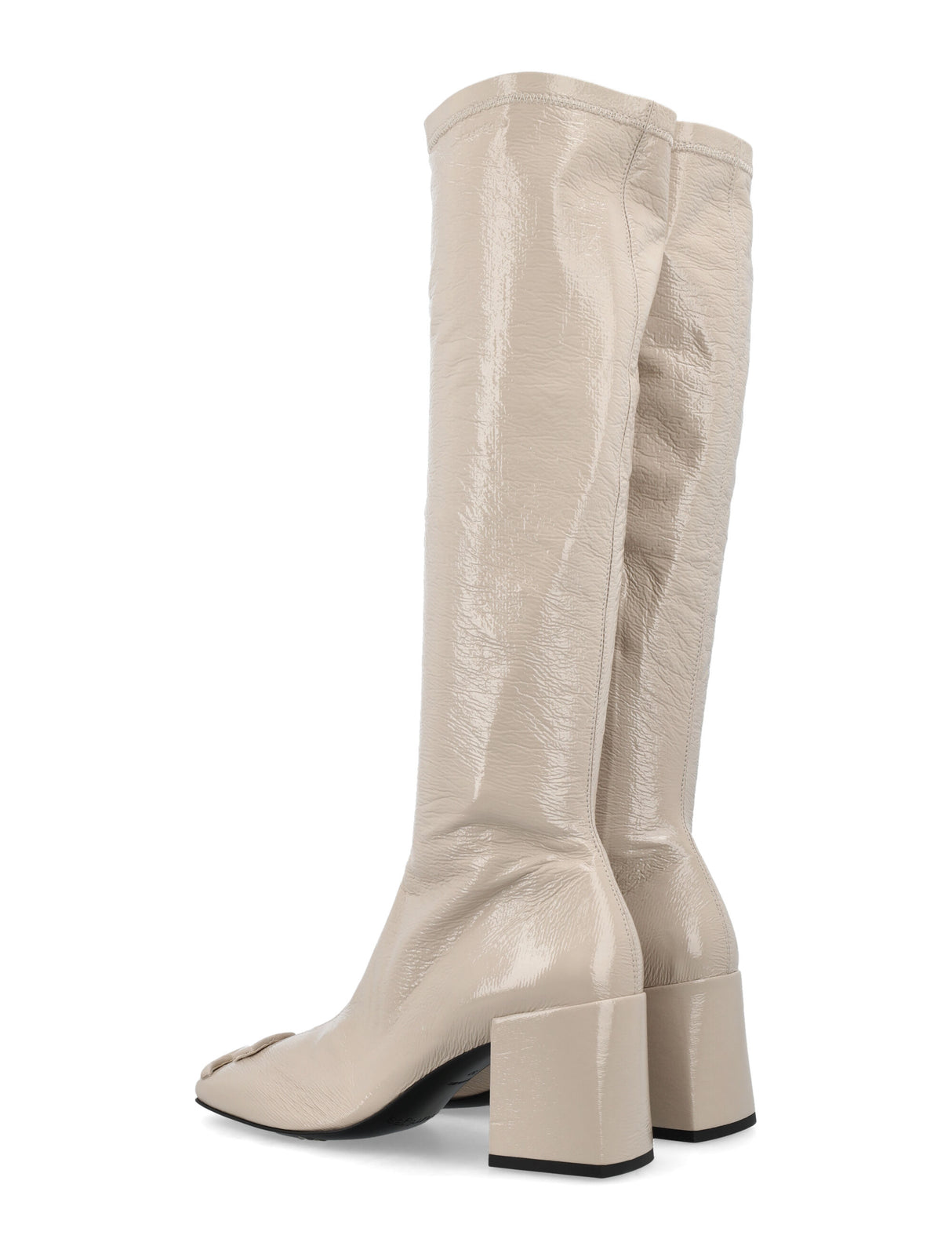 COURREGÈS Chic Stretch Vinyl Knee-High Boots with Square Heel