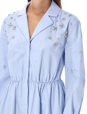 SELF-PORTRAIT Embellished Mini Shirt Dress in Light Blue