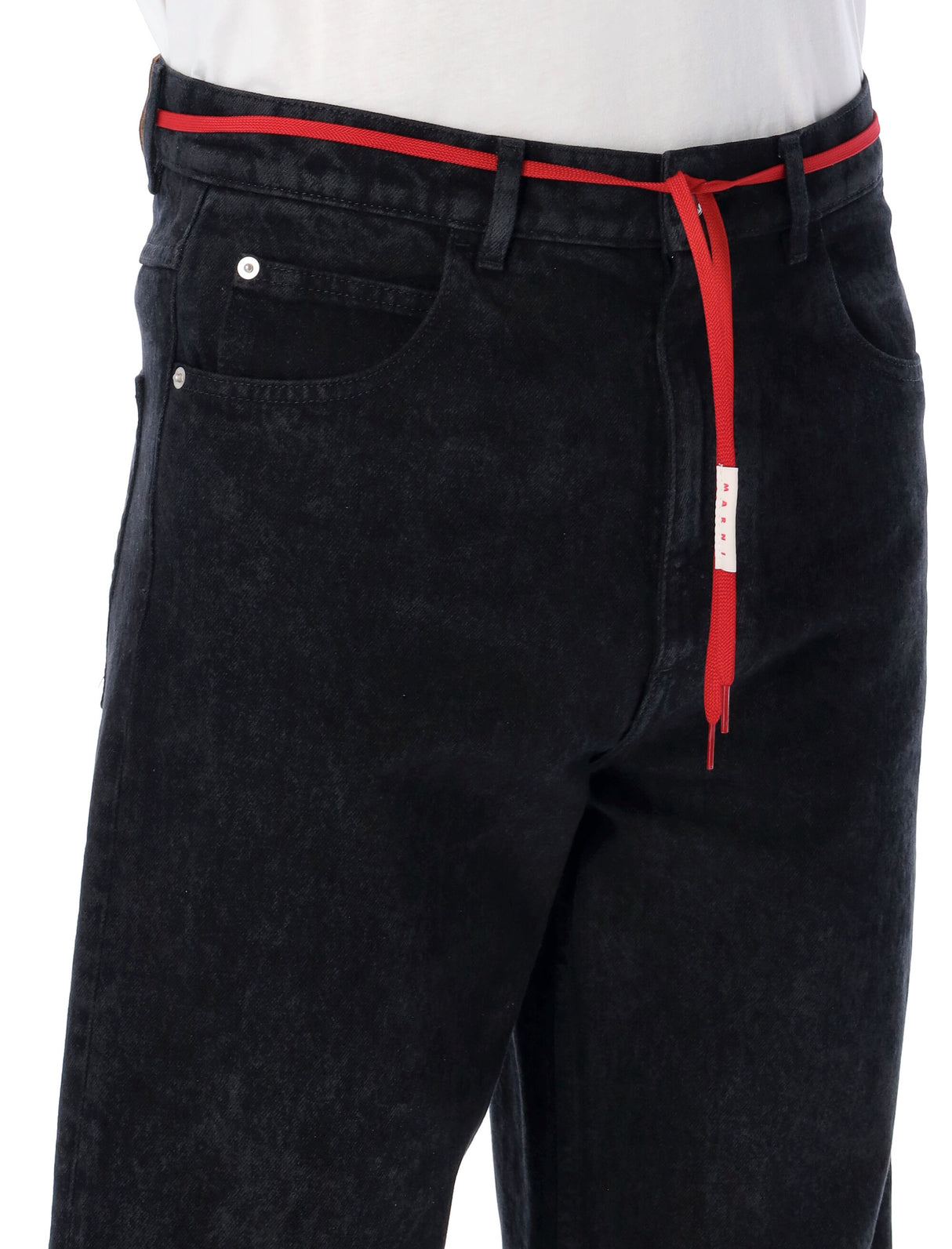 MARNI Urban Wide-Leg Denim Pants with Red Drawstring