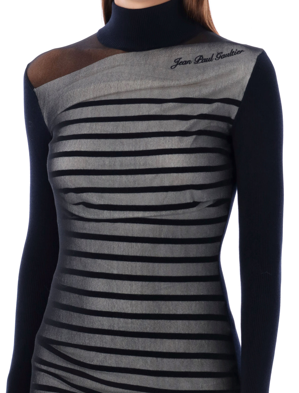 JEAN PAUL GAULTIER Striped Ribbed Mini Dress with Sheer Neckline