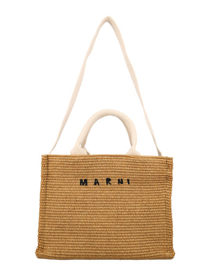 MARNI Small Raffia Tote with Embroidered Logo - 9x12.5x5 Inches