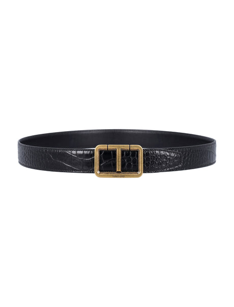 TOM FORD Luxury Crocodile-Embossed Leather Belt with Gold Buckle, 3cm