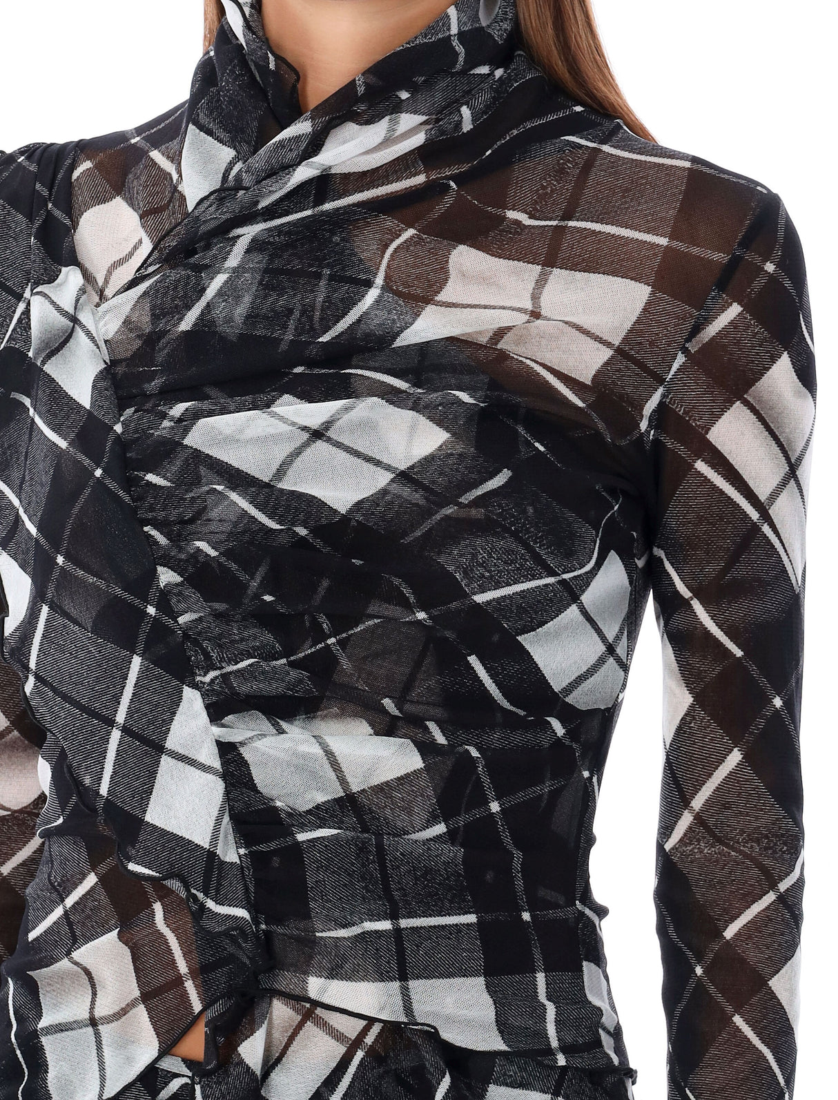 JEAN PAUL GAULTIER Draped Tartan Mesh Top - Size S