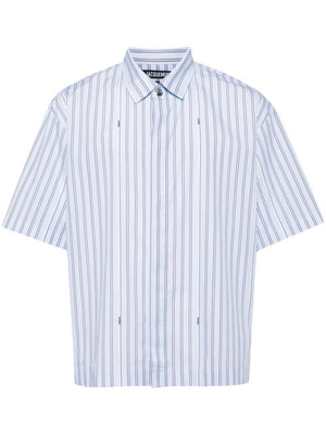 JACQUEMUS Short Sleeve Cotton Shirt in Bright Blue Stripe