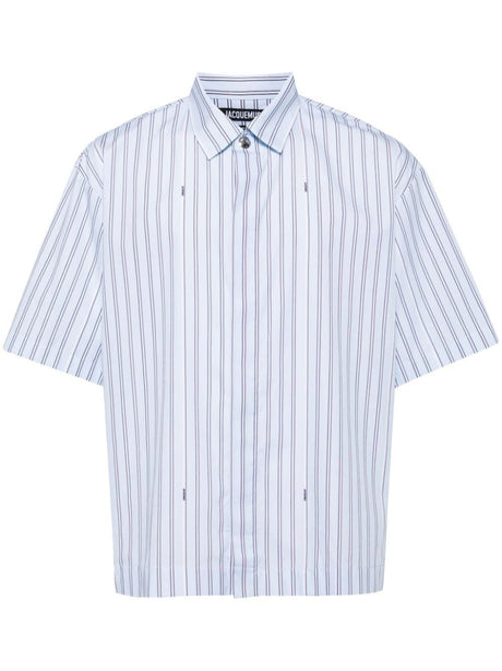 JACQUEMUS Short Sleeve Cotton Shirt in Bright Blue Stripe