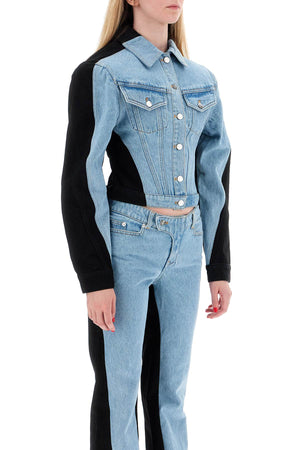 MUGLER Two-Tone Denim Jacket with Padded Shoulders - Size 36