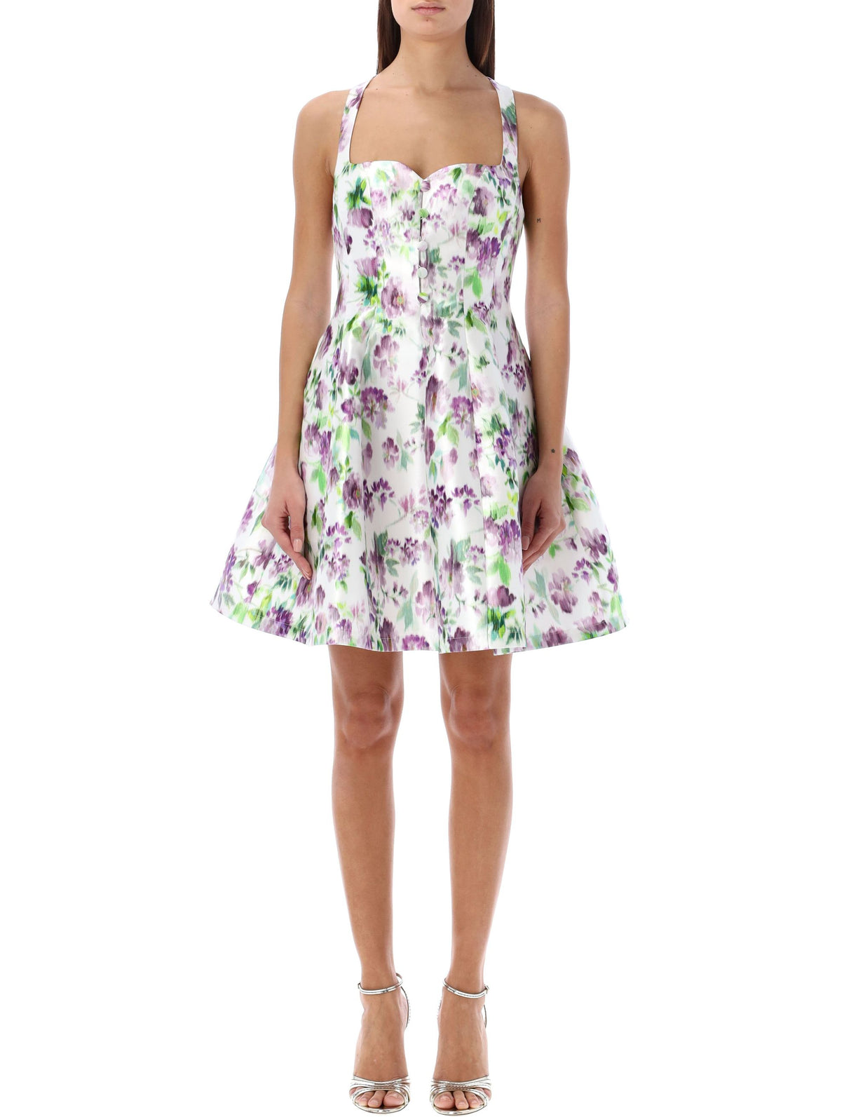 PHILOSOPHY DI LORENZO SERAFINI Viola Watercolor Minidress with Decorative Buttoning and Flared Skirt