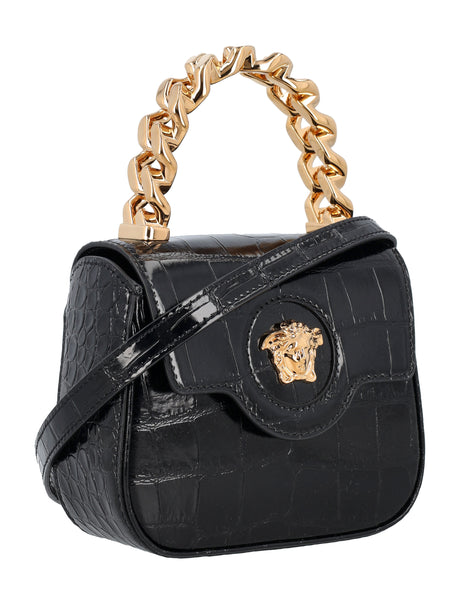 VERSACE Mini Croc-Effect Leather Top Handle Bag with Medusa Clasp - Black, 14x16x6 cm