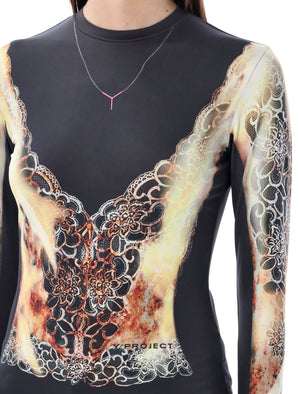 Y/PROJECT Lace Print Long Sleeve Stretch Top for Women in Black