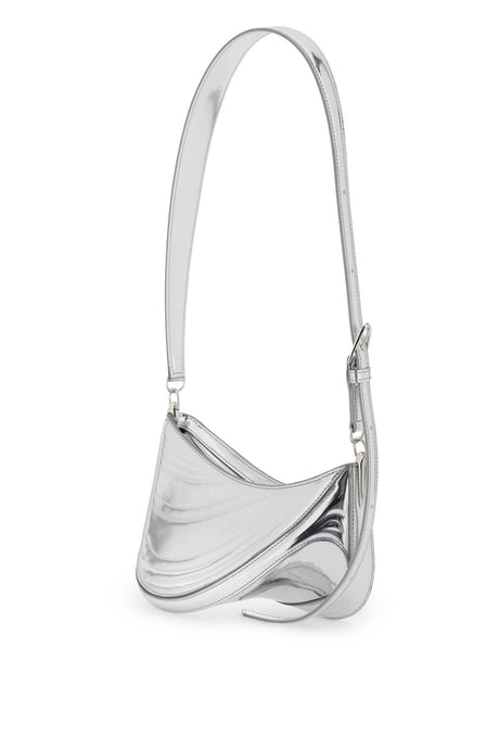 MUGLER Small Spiral Curve 01 Gray Laminated Faux Leather Crossbody Handbag with Suede Interior and Adjustable Strap