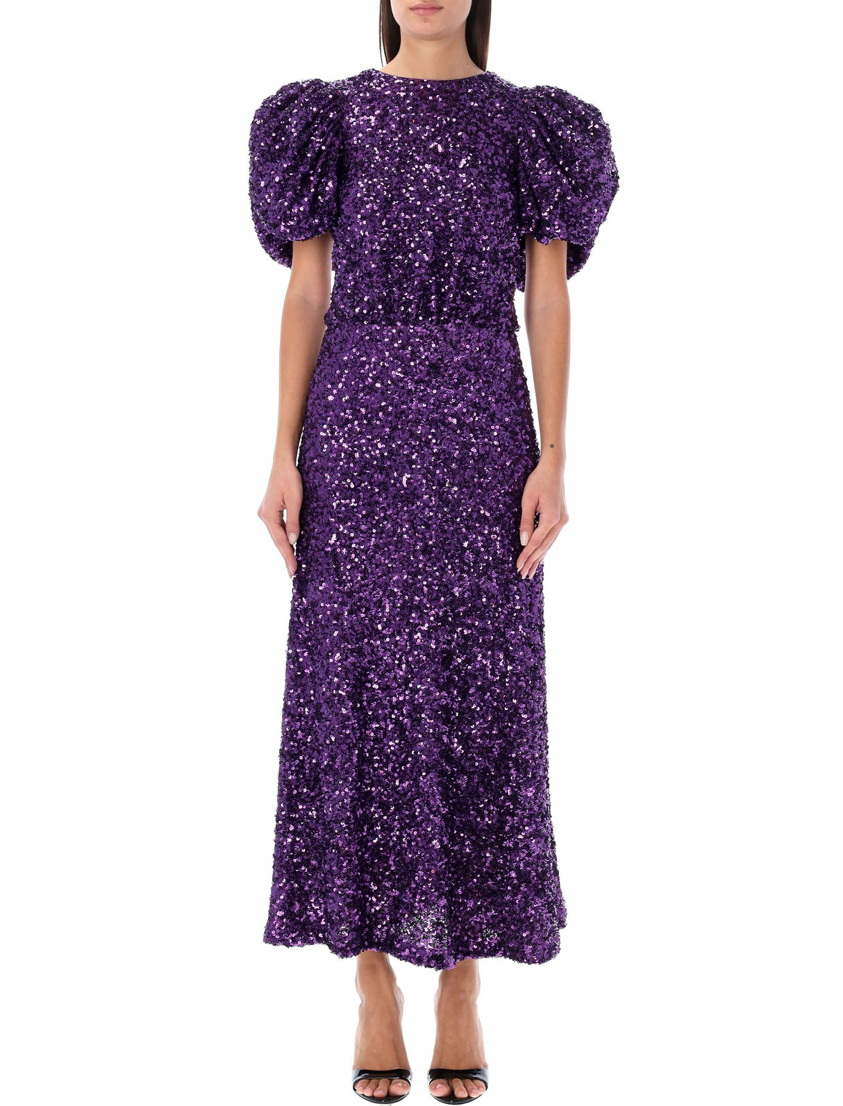 ROTATE BIRGERCHRISTENSEN Purple Sequined Dress with Puffy Sleeves and Open Back