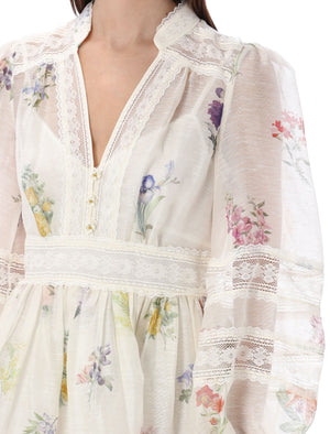ZIMMERMANN Feminine Silk V-Neck Mini Dress with Lace Detailing - White Flower