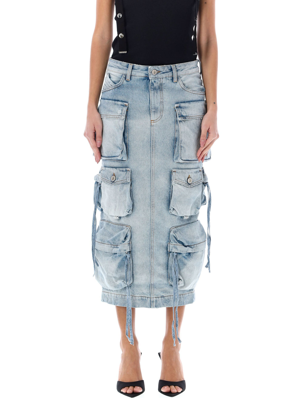 THE ATTICO Denim Cargo Midi Skirt in Sky Blue for Women