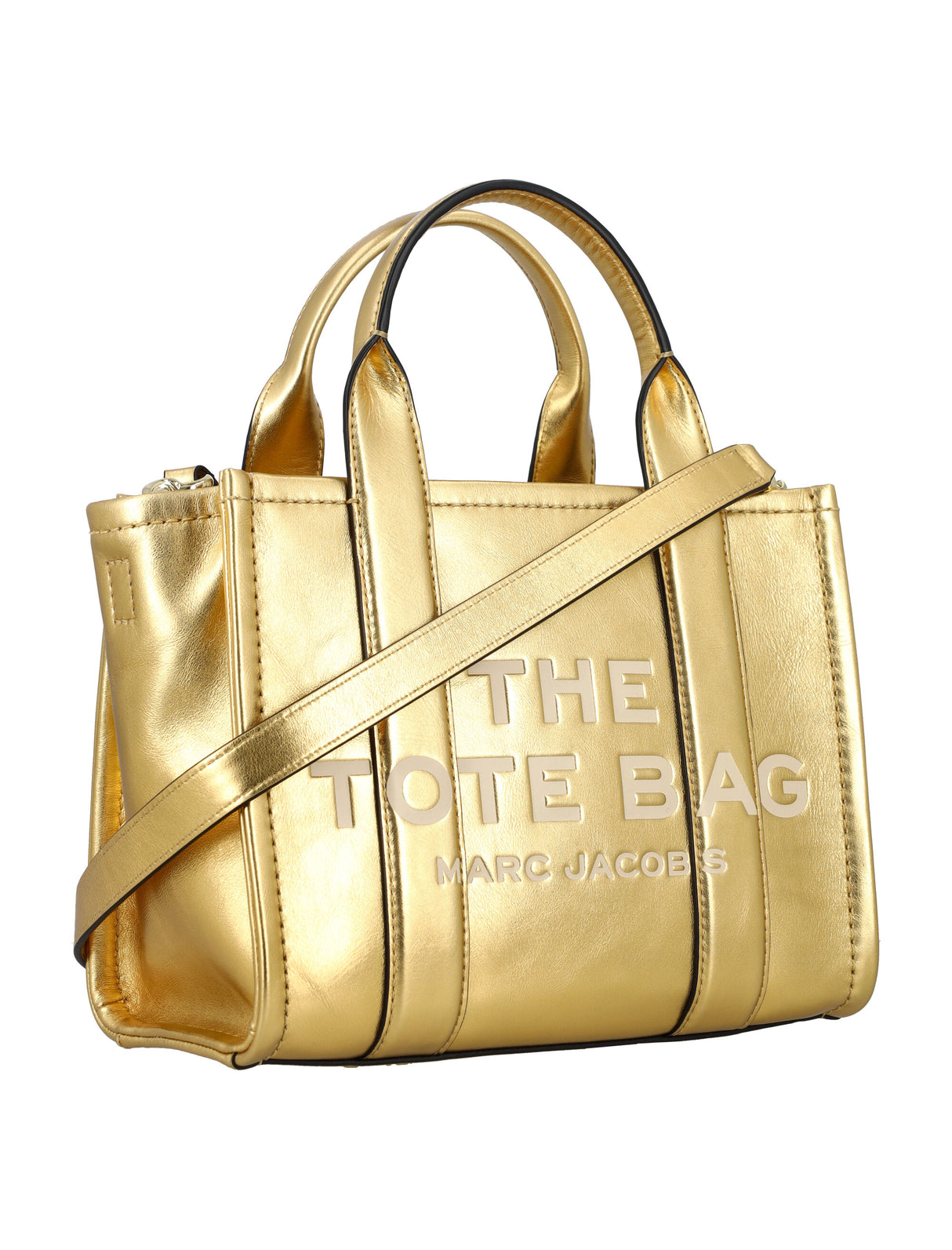 MARC JACOBS Metallic Gold Mini Tote Leather Handbag with Zip Closure and Removable Strap, 25cm x 33cm x 13cm