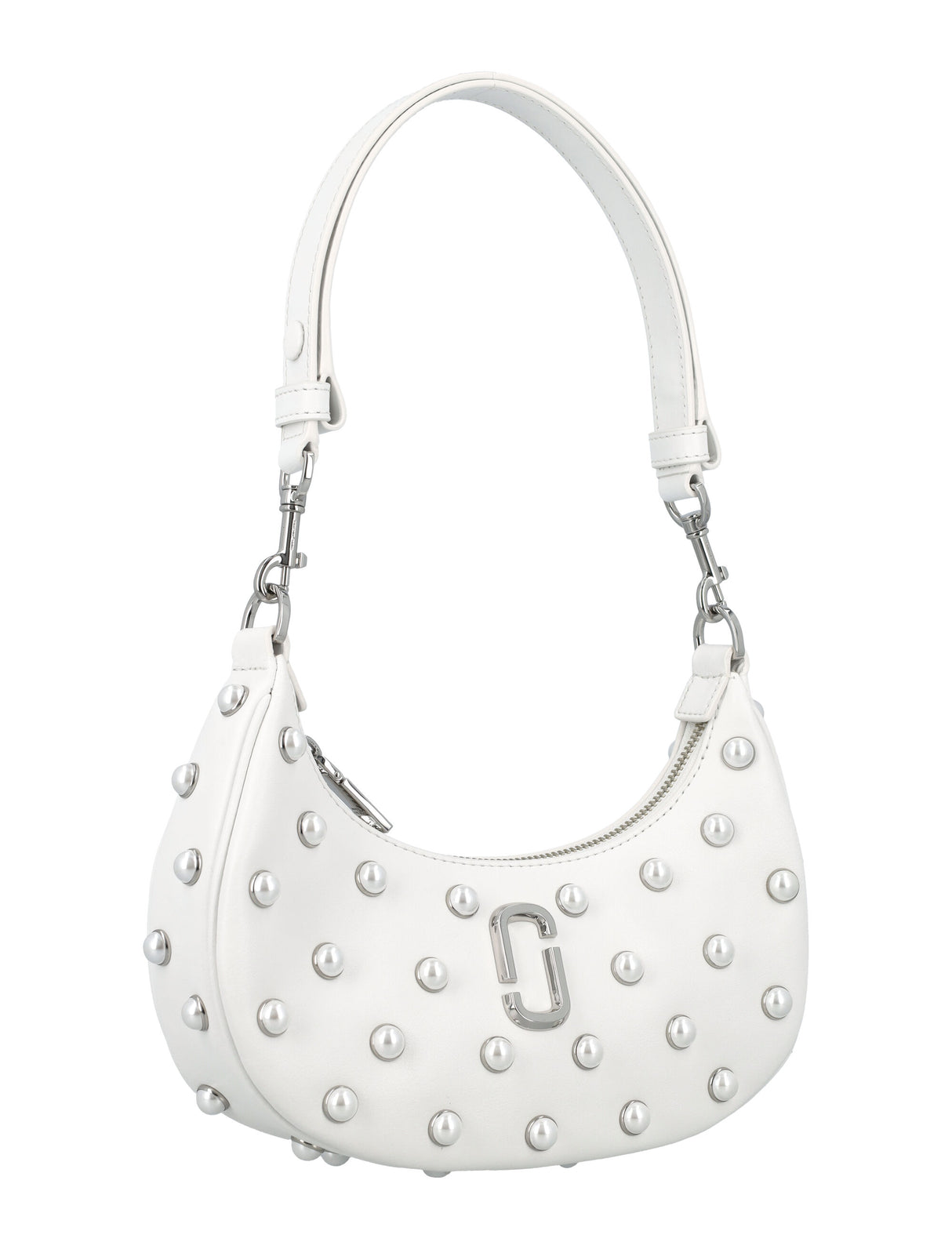 MARC JACOBS Mini Curve Pearl White Leather Crossbody Bag with Faux Pearl Accents