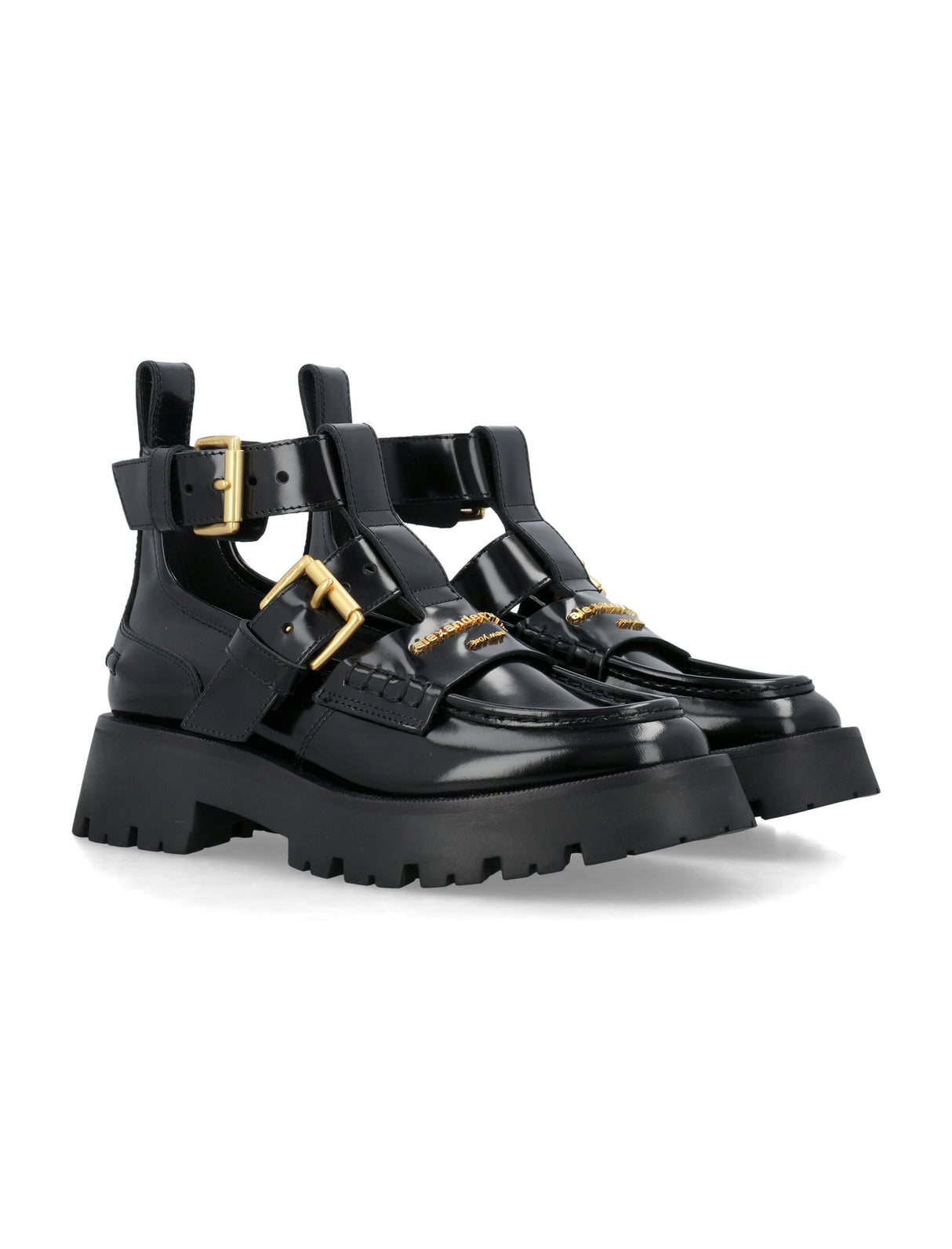 ALEXANDER WANG Black Leather Ankle Strap Boot for Women: Adjustable Straps, Gold Tone Hardware, Rubber Sole, SS24