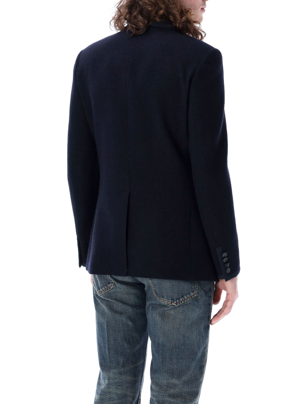 VALENTINO GARAVANI Navy Bouclé Wool Jacket for Men - Slim Fit Double-Breasted V Logo Jacket