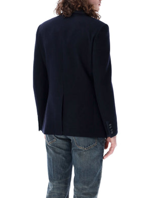 VALENTINO GARAVANI Navy Bouclé Wool Jacket for Men - Slim Fit Double-Breasted V Logo Jacket