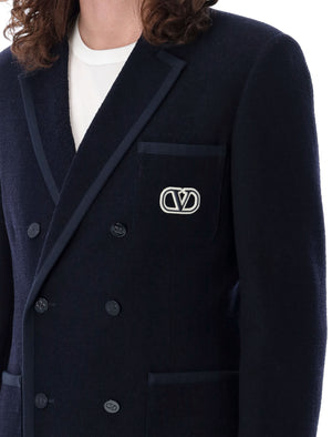 VALENTINO GARAVANI Navy Bouclé Wool Jacket for Men - Slim Fit Double-Breasted V Logo Jacket