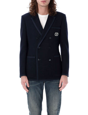 VALENTINO GARAVANI Navy Bouclé Wool Jacket for Men - Slim Fit Double-Breasted V Logo Jacket