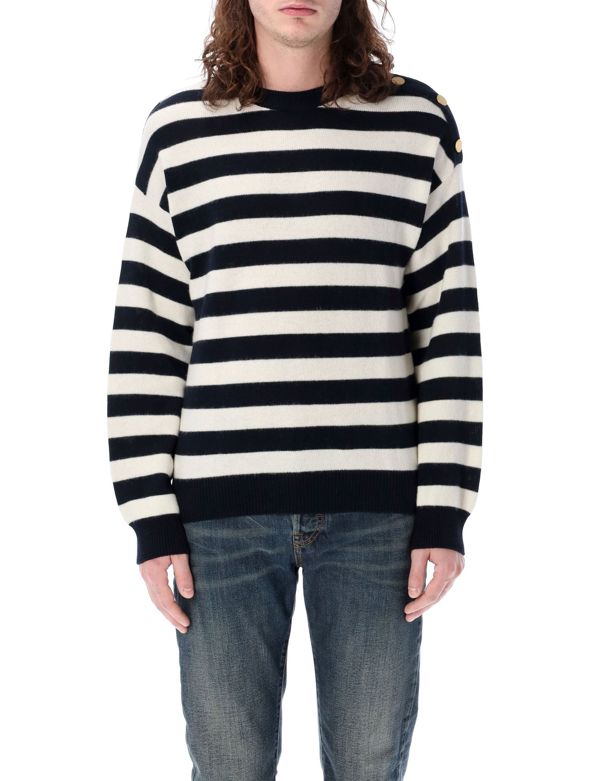 VALENTINO GARAVANI Men's Blue and White Striped Crewneck Jumper for SS24