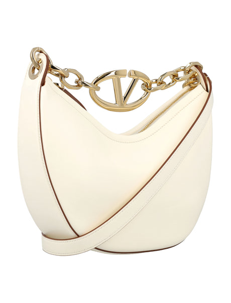VALENTINO GARAVANI Mini VLogo Moon Hobo Chain Handbag in White Lamb Leather with Adjustable Strap, 16x21x7 cm
