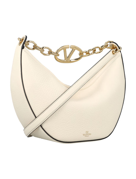 Valentino Garavani Small VLogo Monn White Calfskin Hobo Handbag with Chain Strap