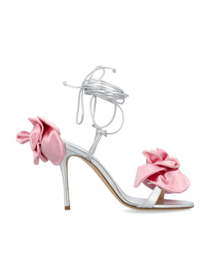 MAGDA BUTRYM Silver Metallic Double Flower Wrap Sandals for Women - SS24 Collection
