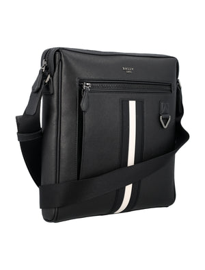Men's Recycled Leather Handbag - Zip Fastening, Adjustable Strap, Bally Stripe Detail