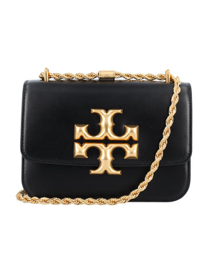 TORY BURCH Eleanor Small Convertible Black Leather Shoulder Bag with Chain Strap and Logo Detail