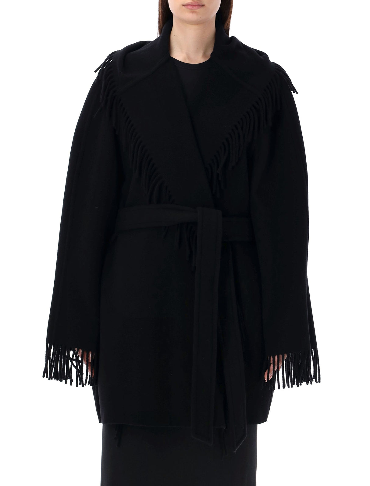 Black Wool Fringed Jacket with Raglan Sleeves and Belt by Balenciaga