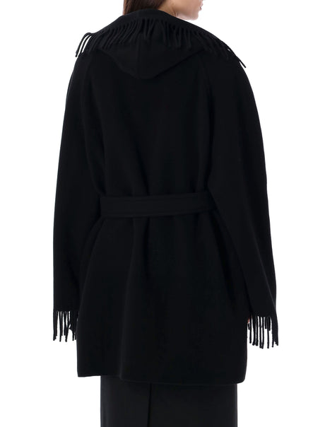 Black Wool Fringed Jacket with Raglan Sleeves and Belt by Balenciaga