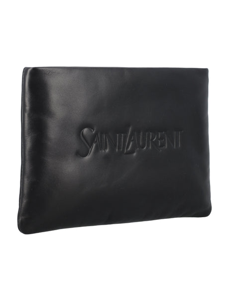 SAINT LAURENT Lambskin Puffy Pouch Handbag for Men - Black SS24