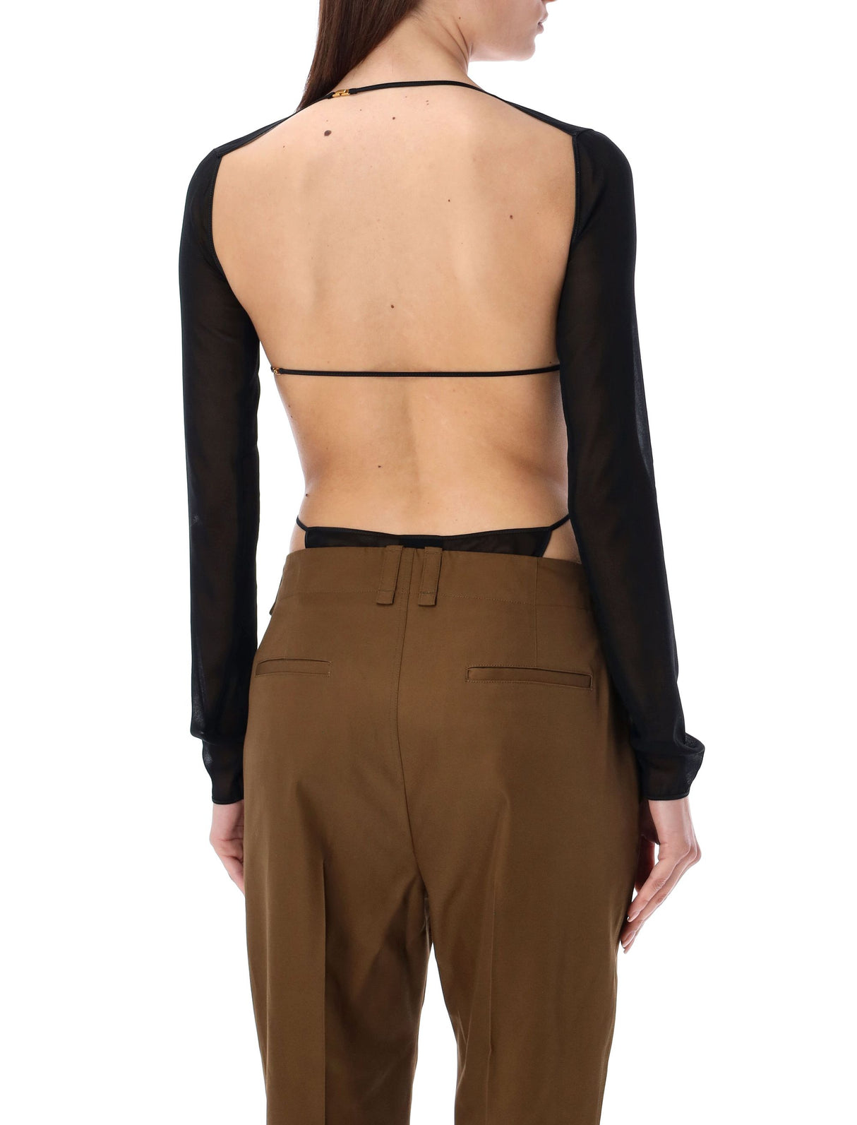Black Silk Semi-Sheer Long Sleeve Bodysuit with Adjustable Drawstring by SAINT LAURENT SS24