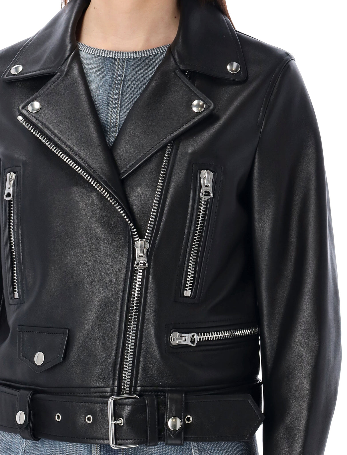 ACNE STUDIOS Black Biker Leather Jacket with Notched Lapels for Women