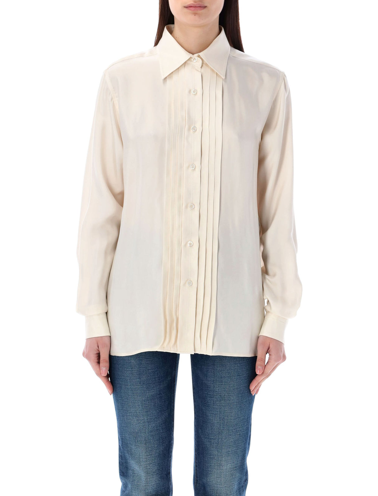 TOM FORD Fluid Viscose Silk Shirt with Plisse Plastron for Women - SS24 Collection