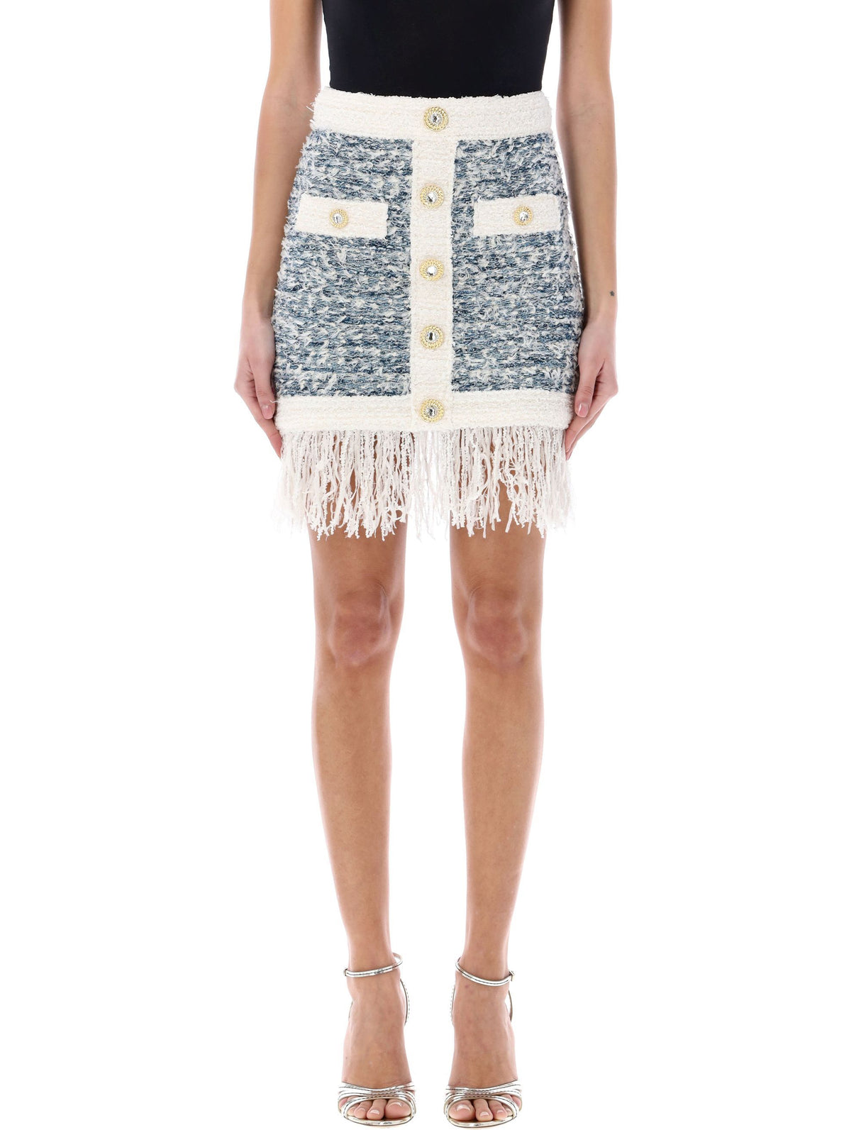 BALMAIN Fringed Denim Tweed Skirt for Women - SS24 Collection