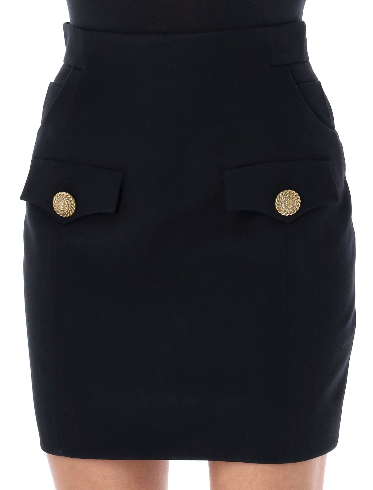 BALMAIN Black High Waist Mini Skirt with Flap Detail and Golden Button