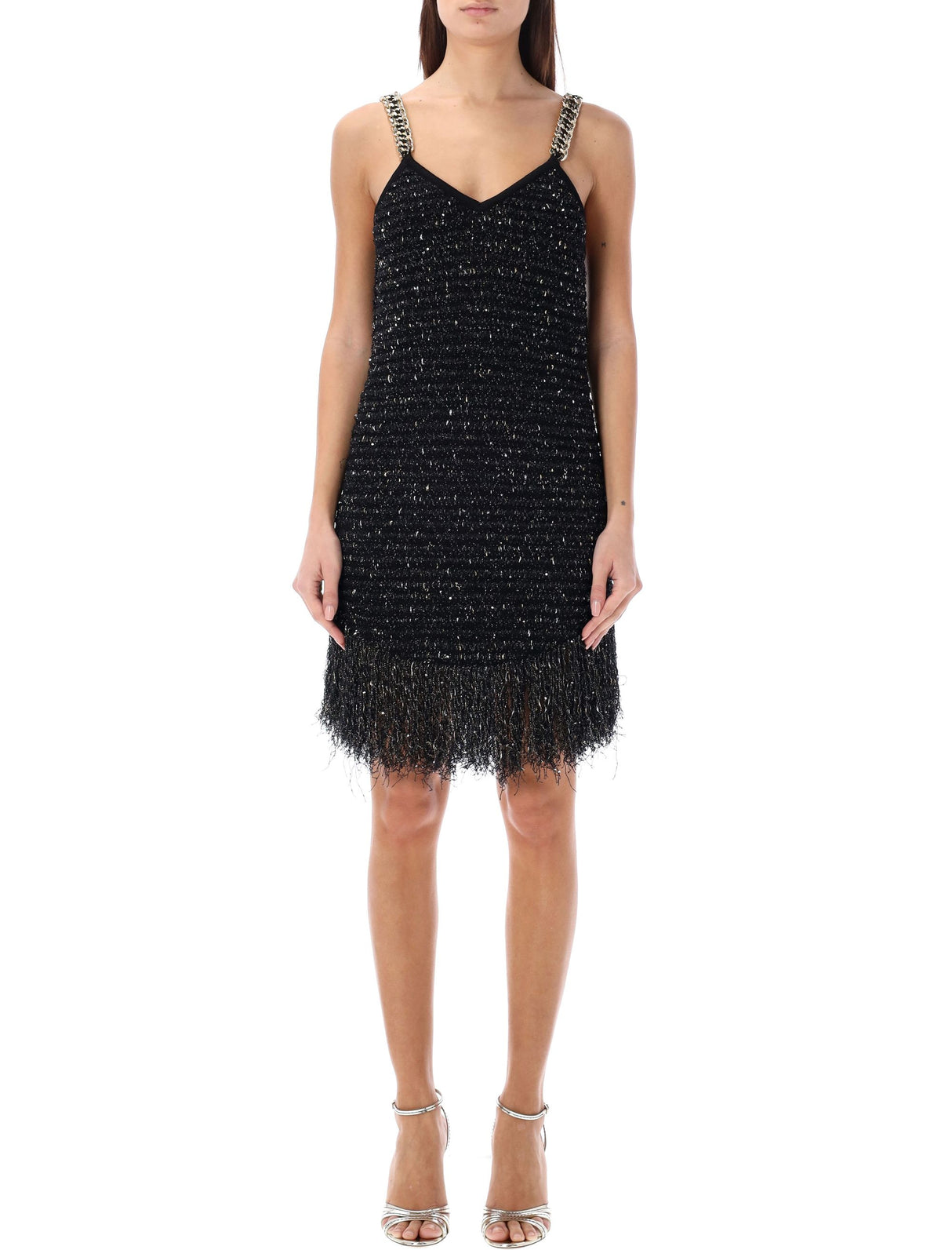 BALMAIN Fringed Lurex Tweed Dress in Nero Oro - SS24 Collection
