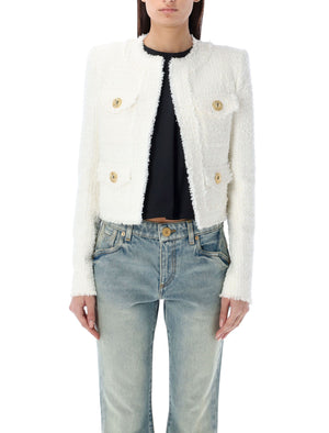 BALMAIN White Tweed Jacket with Structured Shoulders and Frayed Hem