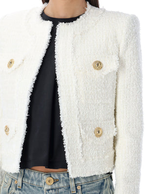 BALMAIN White Tweed Jacket with Structured Shoulders and Frayed Hem