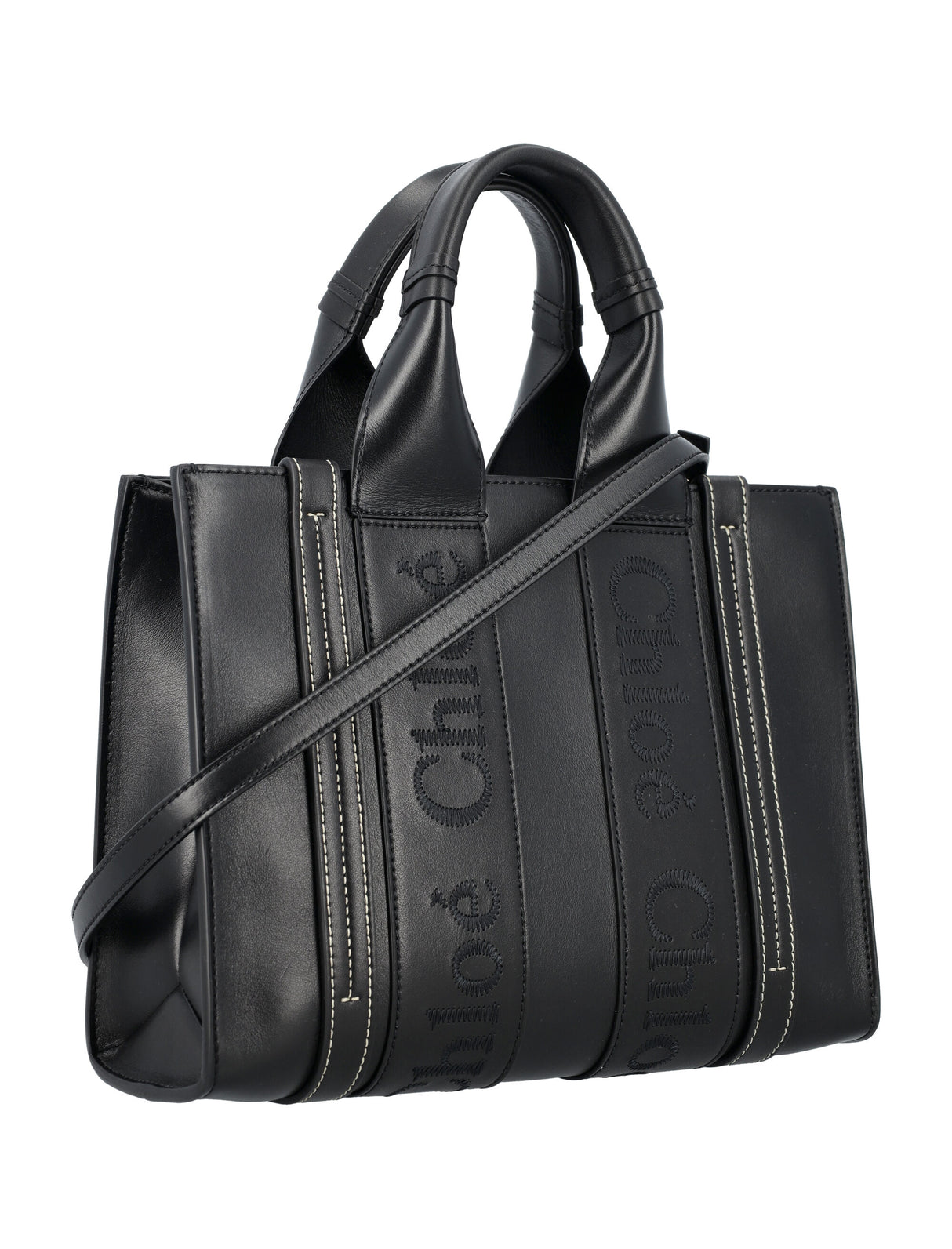 CHLOÉ Black Mini Woody Calfskin Leather Tote with Embroidered Logo and Removable Strap