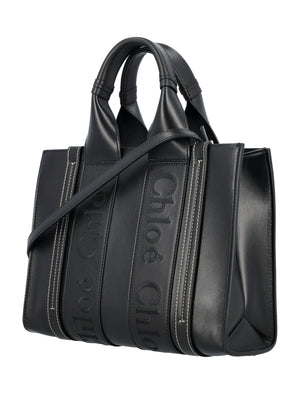 CHLOÉ Black Mini Woody Calfskin Leather Tote with Embroidered Logo and Removable Strap