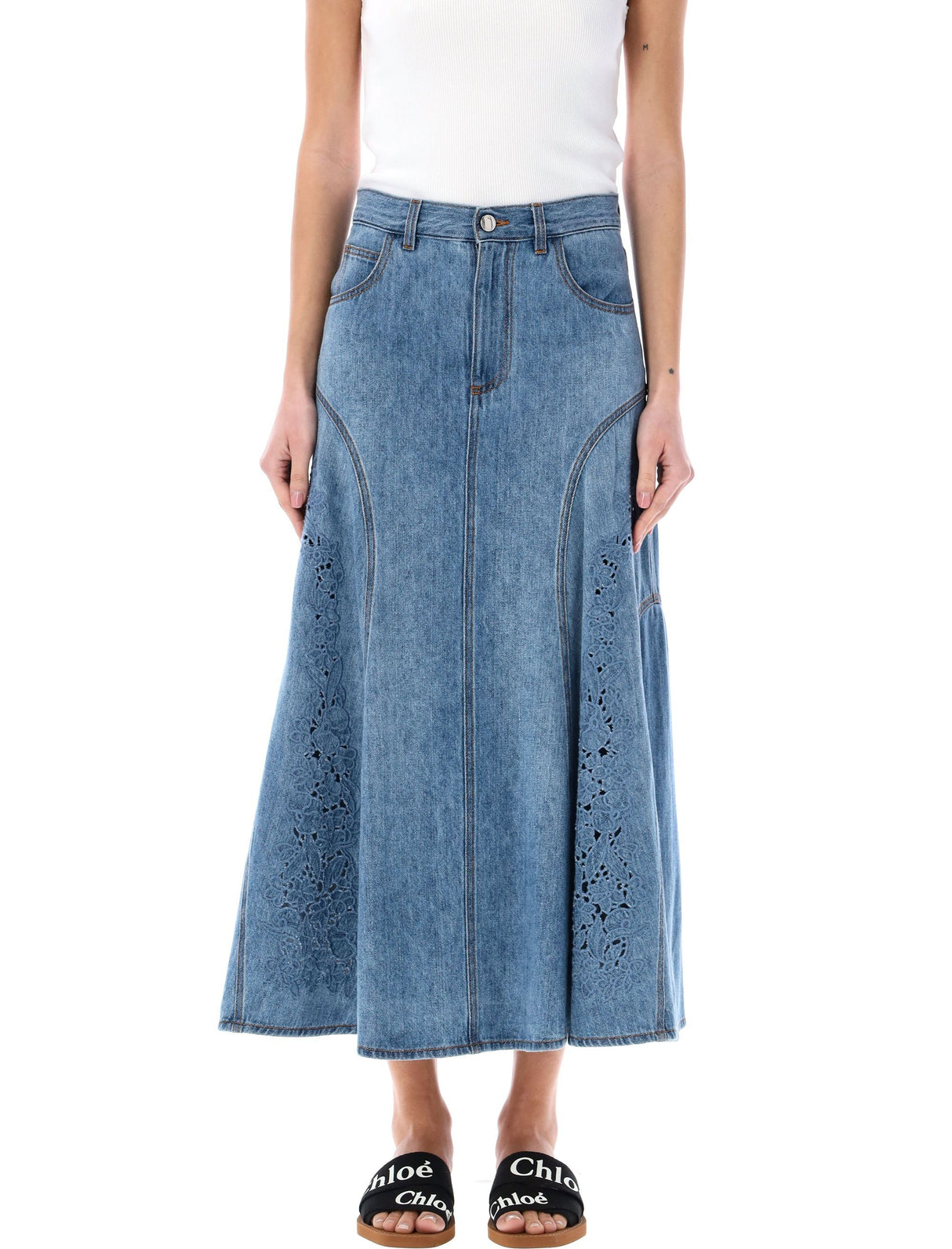 Floral Embroidered Flared Denim Midi Skirt in Blue for Women by CHLOÉ