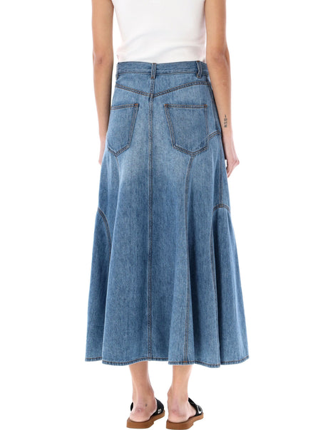 Floral Embroidered Flared Denim Midi Skirt in Blue for Women by CHLOÉ